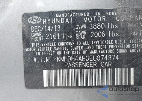 2014 Hyundai Elantra Limited from USA, damaged, VIN KMHDH4AE3EU074374